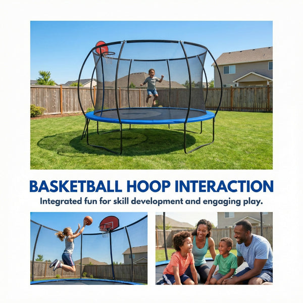 English Elm 14 Foot Pumpkin Shaped Backyard Trampoline with Basketball Hoop Galvanized Steel Frame W2071P319084