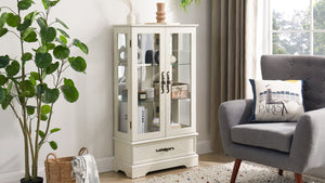English Elm Lighted Glass Curio Cabinet - Elegant 2-Door Display With Adjustable Shelves & Integrated Lighting, White Finish W1758P300115