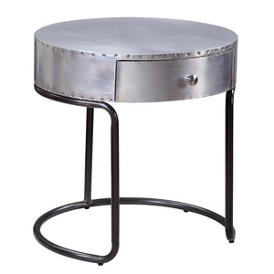 English Elm Aluminum Drum End Table with Patchwork Top and Drawer, Black Iron Frame, Modern Industrial Charm B062P189153
