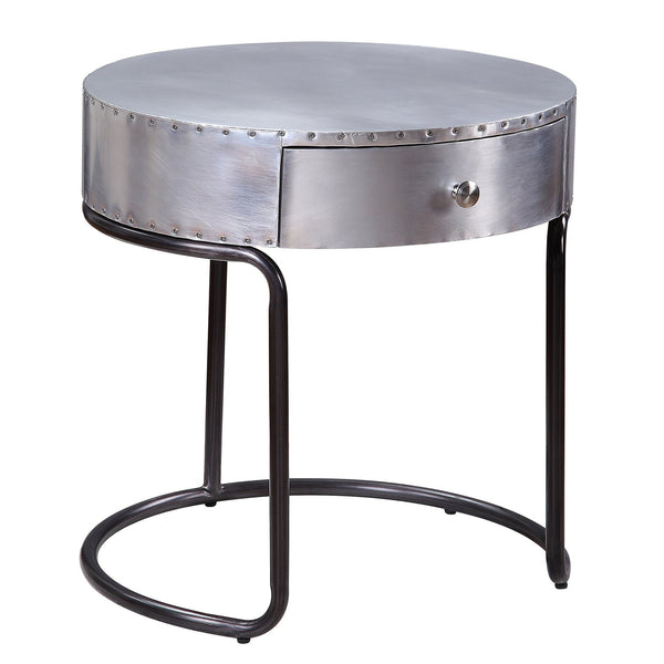 English Elm Aluminum Drum End Table with Patchwork Top and Drawer, Black Iron Frame, Modern Industrial Charm B062P189153