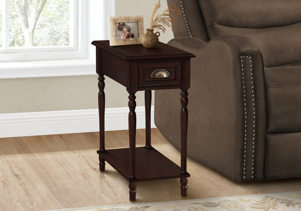English Elm Accent 2-Tier Narrow Side Table with Drawer & Shelf, Cherry Veneer Nightstand with Bronze Pull, Traditional Finish B2710P219478