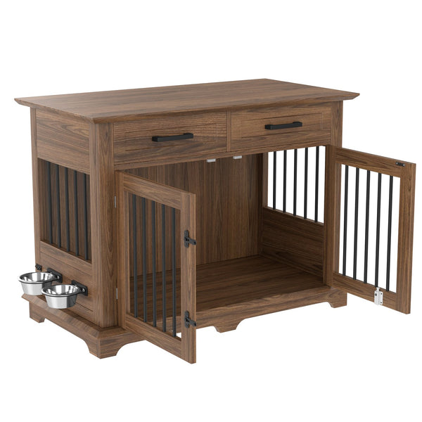English Elm 44.48" Wooden Dog Crate End Table with Drawers Rotating Bowls Farmhouse Pet Kennel Brown N704P379112D