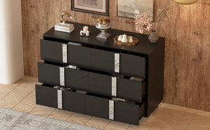 English Elm Elegant Mirrored Dresser with Metal Feet and 6 Spacious Drawers for Organized, Modern Living Spaces Black 54.25 L x 20.75 W x 8.5 H N733P307943B