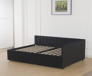 English Elm Full Velvet Daybed with Storage Drawers, L-Shape Upholstered Corner Frame, Black, No Box Spring Needed W1670S00025