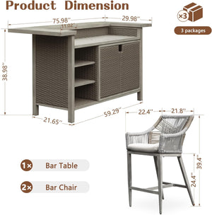 English Elm Outdoor Wicker Aluminum 3 Piece Bar Set with Stools Storage and Propane Compartment W1859S00178