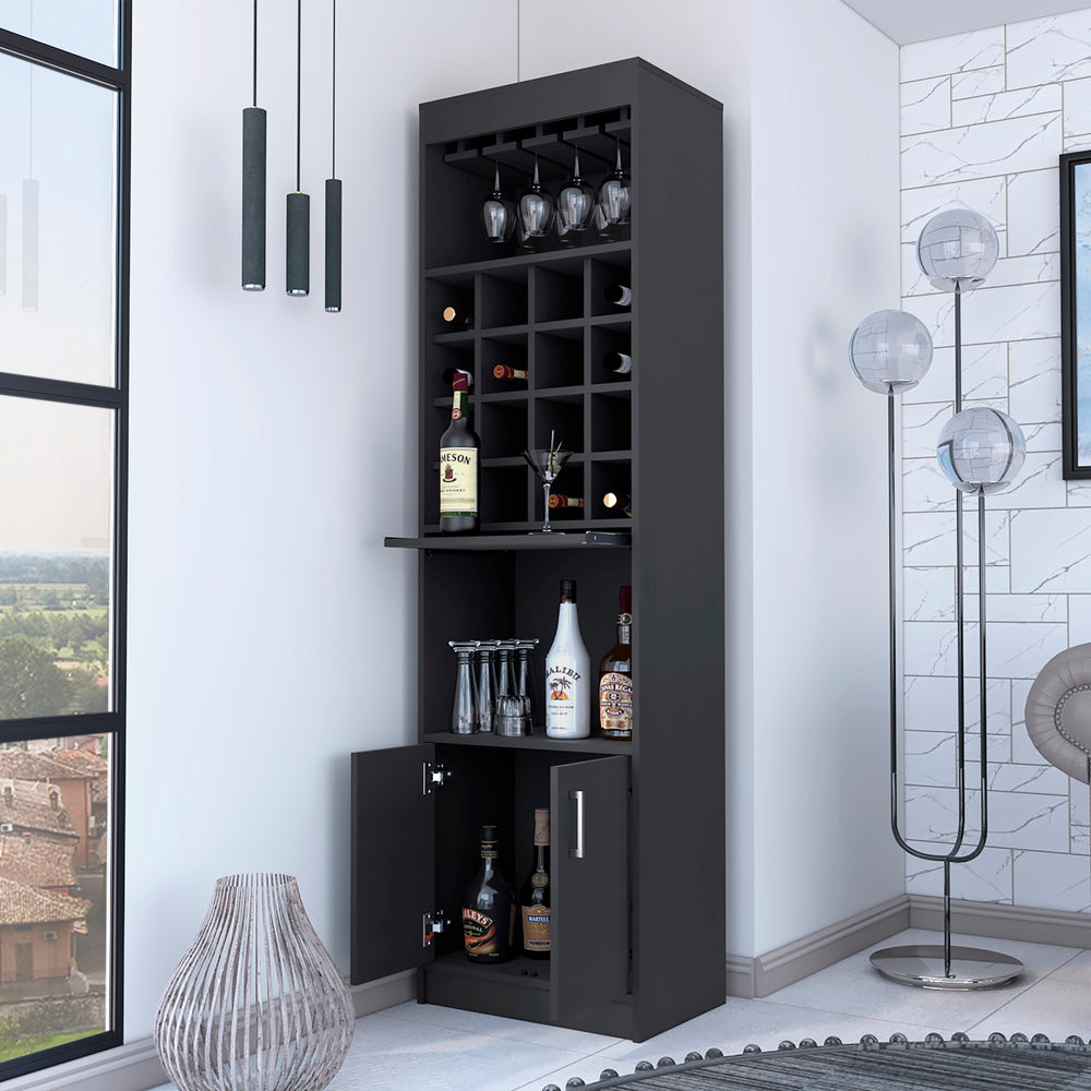 English Elm Myers Tall Bar Cabinet with Wine Rack Glass Holder Open Shelves and Double Doors B128S00154