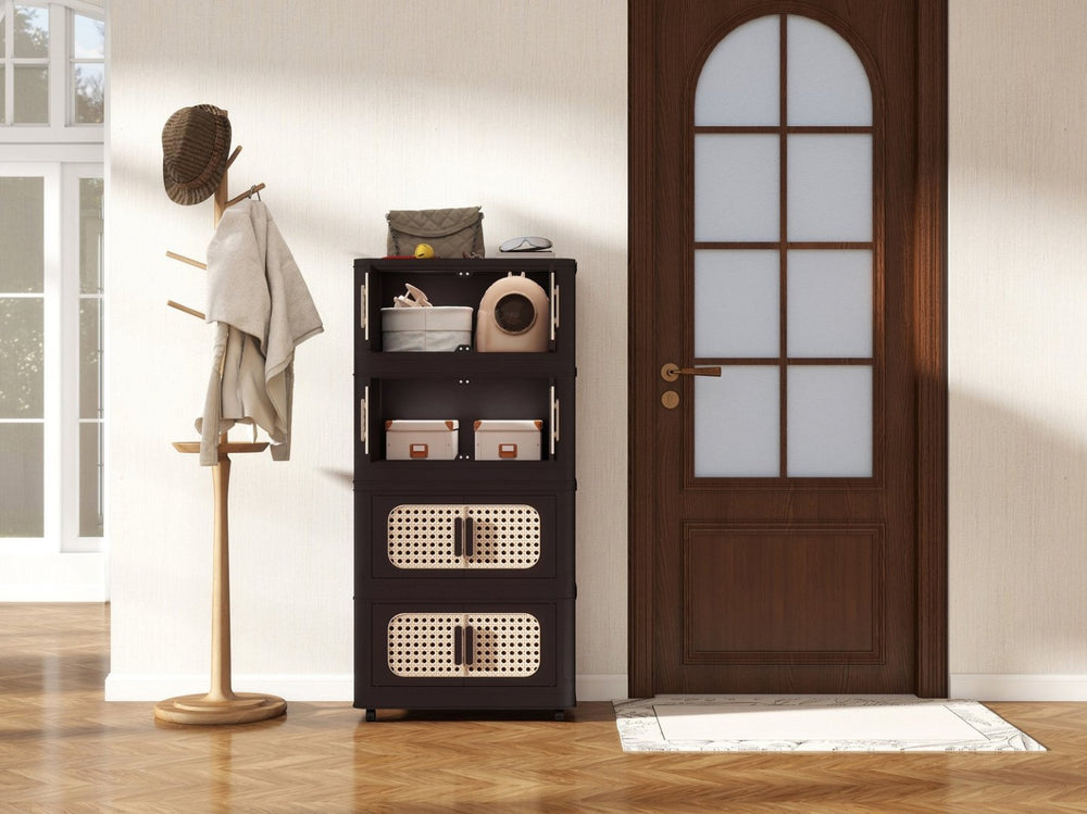 English Elm Retro Brown 20" Wide Folding Storage Cabinet - 4 Tiers, Collapsible Design With Wheels For Easy Mobility W2873P366399-GIGA