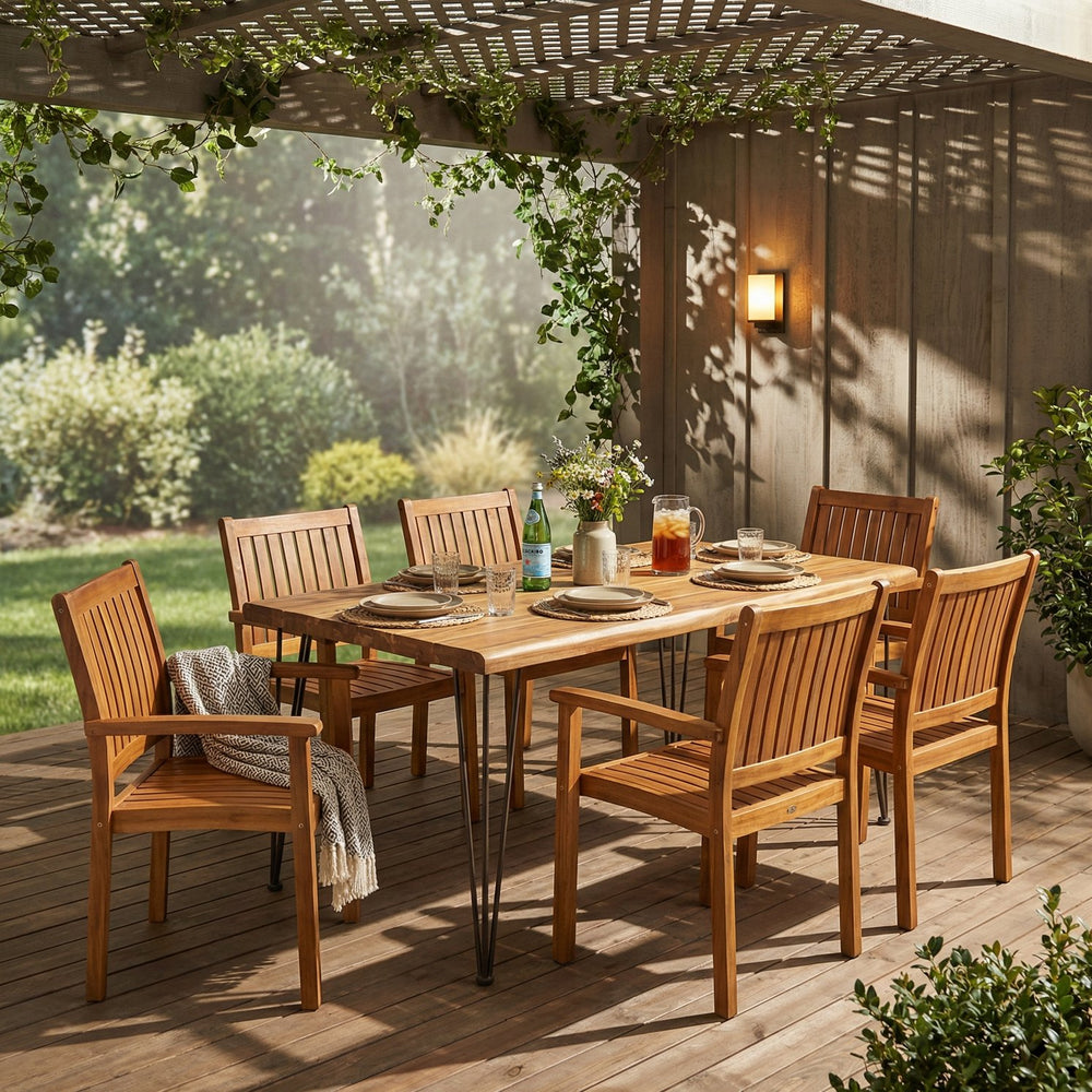 English Elm 7 Piece Acacia Hardwood Outdoor Dining Set with Hairpin Legs Teak Finish Patio Table N762S000032AAA