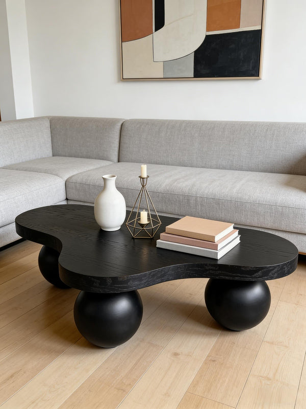 English Elm 46 Inch Cloud Shaped Coffee Table with Ash Veneer Top and Sculptural Sphere Legs Black W3935S00006
