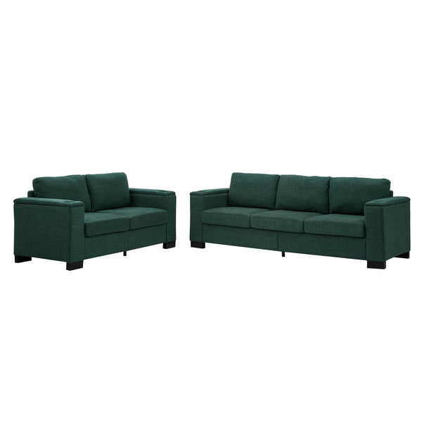 English Elm Two Two-Piece 5-Seater Sofa Set with Cup Holder & Storage, Polyester Upholstery, Solid Wood Frame, Coil Spring Seats, Removable Covers, Modern Square Arm Design for Living Room Comfort and Durability Green W1097S00197