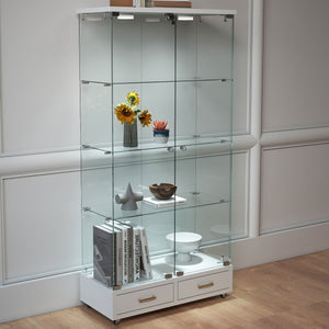 English Elm Modern Glass Display Cabinet With Led Lights & Drawers - Stylish 4-Shelf Storage For Any Room W241S00058