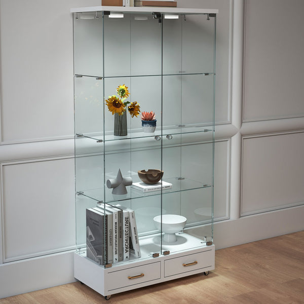 English Elm Modern Glass Display Cabinet With Led Lights & Drawers - Stylish 4-Shelf Storage For Any Room W241S00058