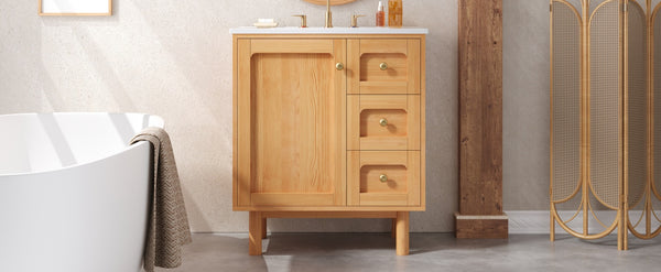 English Elm 30 Inch Bathroom Vanity with Ceramic Sink, Grey Farmhouse Cabinet w/3 Soft-Close Drawers & Storage N710P333972P
