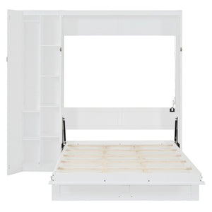English Elm Queen Murphy Wall Bed with Led Lighting Open Shelves and Wardrobe Cabinet Storage White LP000899AAK-1