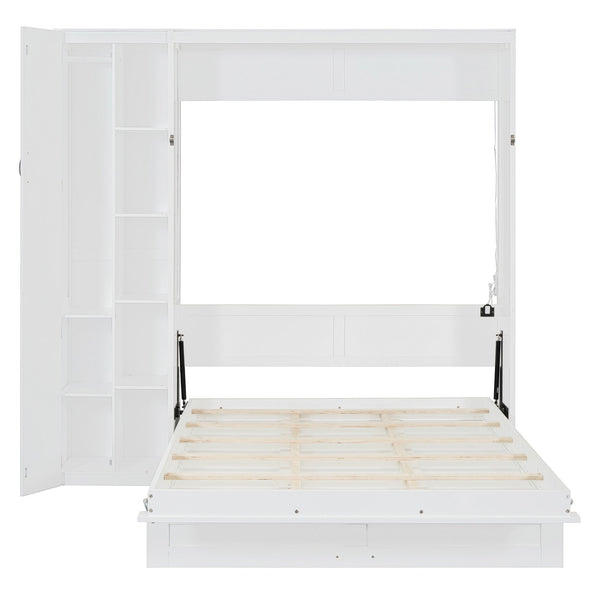 English Elm Queen Murphy Wall Bed with Led Lighting Open Shelves and Wardrobe Cabinet Storage White LP000899AAK-1