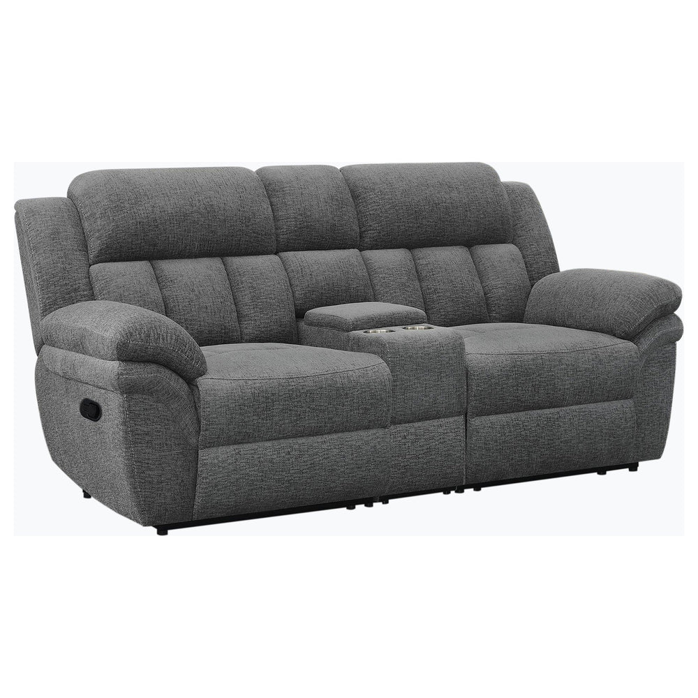 English Elm Divine Chenille Reclining Loveseat with Tufted Pillowtop Arms and Built-in Console B062S01414