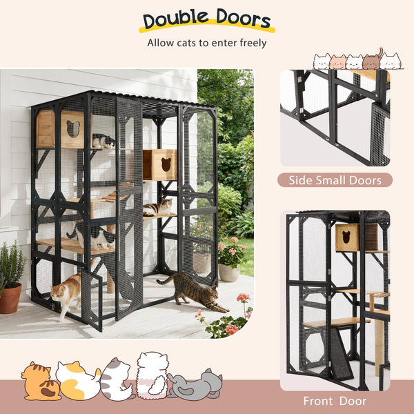 English Elm Outdoor Fir Wood Window Catio Enclosure with Four Climbing Platforms for Cats Black,Natural N719P418377N
