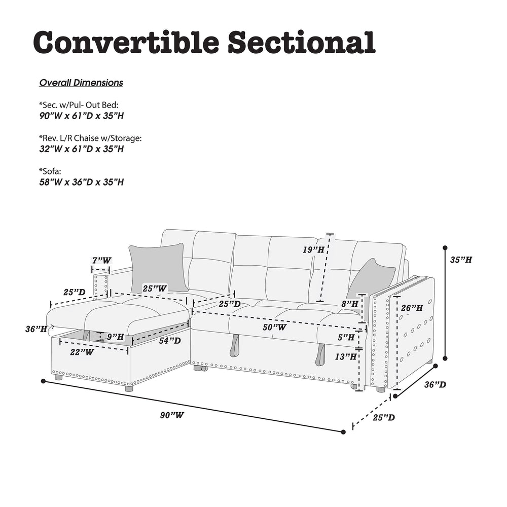 English Elm Gray Velvet Convertible Sectional Sofa with Pull-Out Bed, Reversible Storage Chaise, Tufted Elegance B011S01024