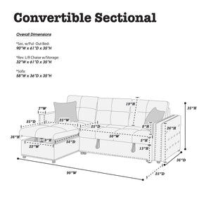 English Elm Gray Velvet Convertible Sectional Sofa with Pull-Out Bed, Reversible Storage Chaise, Tufted Elegance B011S01024
