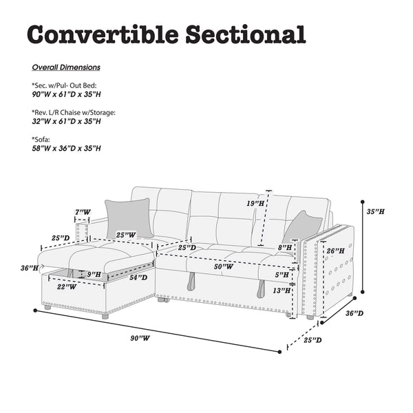 English Elm Gray Velvet Convertible Sectional Sofa with Pull-Out Bed, Reversible Storage Chaise, Tufted Elegance B011S01024