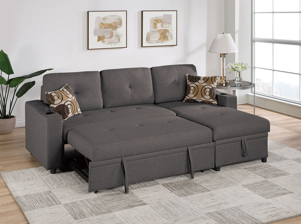 English Elm Ash Convertible Sectional Sofa with Pull-Out Bed, Reversible Storage Chaise, Cupholders, Tufted Elegance B011S01021