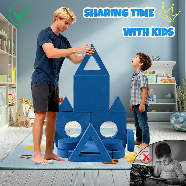 English Elm 14pcs Modular Foam Play Couch Set Convertible Toddler Fort Builder for Playrooms Blue T5880P493440
