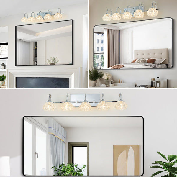 English Elm 29" Nickel Vintage Crystal Vanity Light - 5-Light G9 Wall Fixture, Clear Glass Shades, Elegant Bath W2312P374822