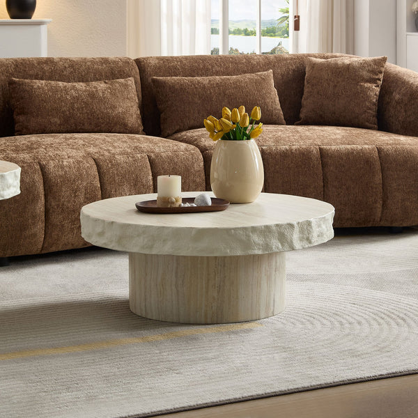 English Elm 31.69 Inch Round Fiberglass Coffee Table Sculptural Stone Finish for Modern Living Room W876P450501