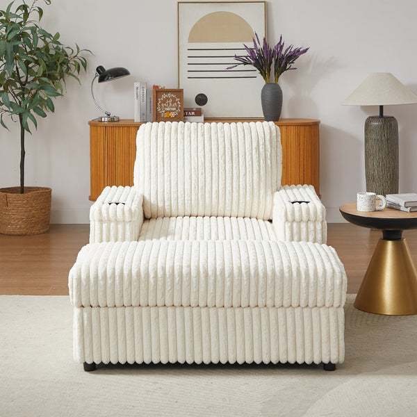 English Elm 42.5-inch corduroy single recliner with cup holder, storage ottoman, plush back pillow for lounging Beige W834P375116