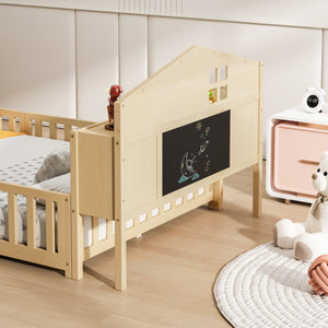 English Elm Full-size Montessori Floor Bed with Built-In Bookcase and Chalkboard, Space-Saving Solid Wood Platform for Kids Natural 56.3 L x 17.32 W x 5.31 H W1716S00014