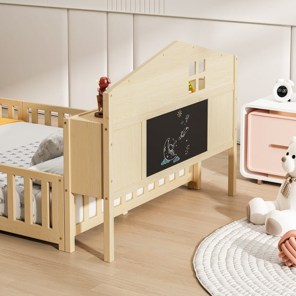 English Elm Full-size Montessori Floor Bed with Built-In Bookcase and Chalkboard, Space-Saving Solid Wood Platform for Kids Natural 56.3 L x 17.32 W x 5.31 H W1716S00014