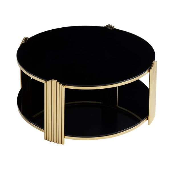 English Elm 35inch Round Coffee Table Dual Tier Tempered Glass Gold Steel Frame Living Room W3357P395503