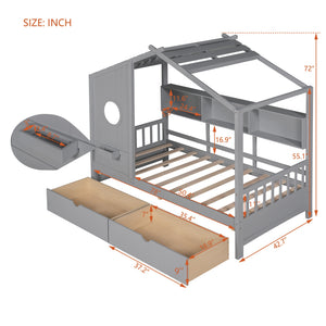 English Elm Wooden Twin House Bed with Roof and Built-In Shelf Plus Two Underbed Drawers for Kids Playful Retreat Gray 41.65 L x 18.25 W x 6 H N733S308483E