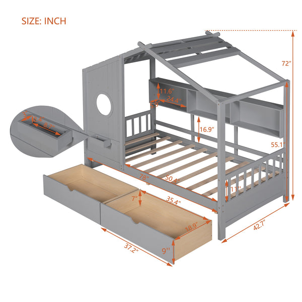 English Elm Wooden Twin House Bed with Roof and Built-In Shelf Plus Two Underbed Drawers for Kids Playful Retreat Gray 41.65 L x 18.25 W x 6 H N733S308483E