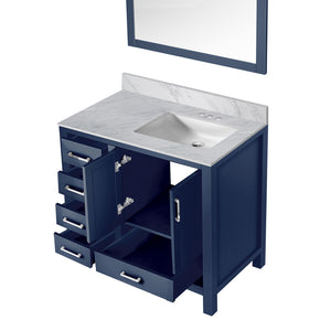 English Elm Navy Blue Bath Vanity With Right Offset Carrara Marble Top & Matching Mirror For Elegant Storage B2731S00692