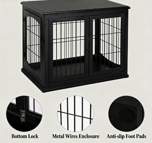 English Elm Small Dog Crate End Table with French Doors Arched Windows and Black Mdf Finish T3971P433245