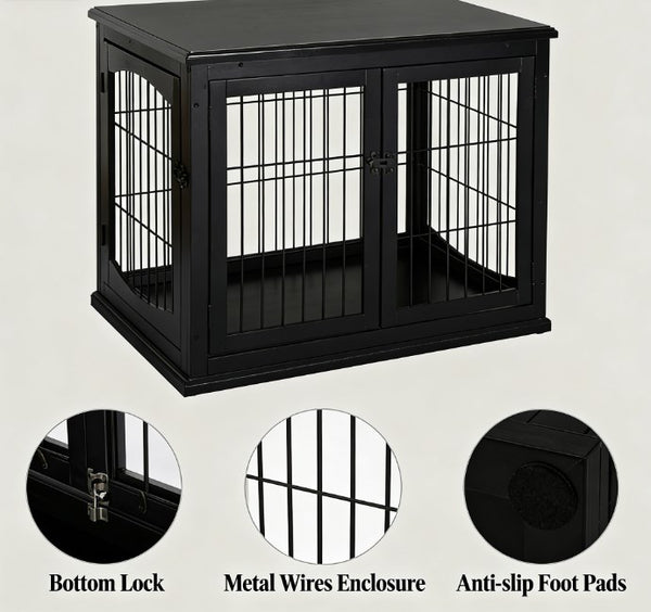 English Elm Small Dog Crate End Table with French Doors Arched Windows and Black Mdf Finish T3971P433245