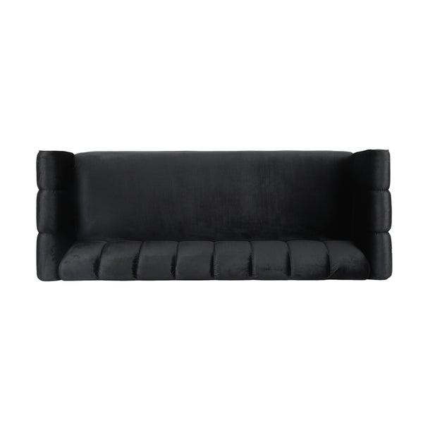 English Elm Miranda Channel Stitch Velvet Sofa Glam Living Room Seating with Tapered Birch Legs Black 68604.00ABLK_68604.00BBLK