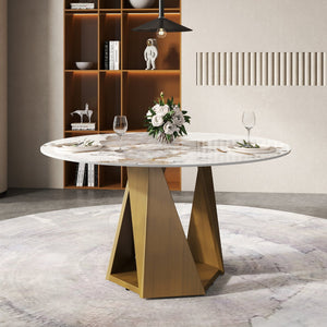 English Elm 53" Round Marble Dining Table - Elegant Sintered Stone Top With Bronze Iron Base For 6 People W1535S00469