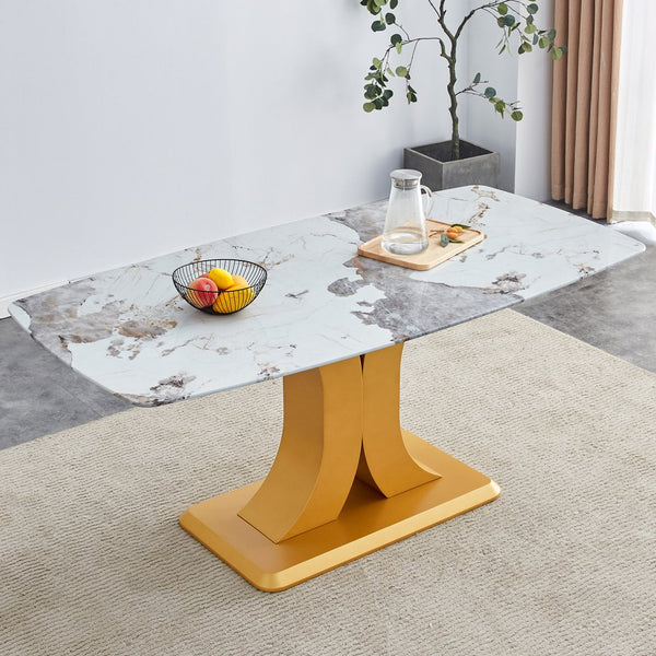 English Elm A modern minimalist dining table with imitation marble glass top, gold MDF legs, easy assembly, durable elegance W1151S01193