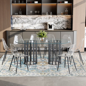 English Elm Table and Chair Set Oval Glass Top Seats 8 with Ghost Chairs Luxury Modern Dining W1151S04762