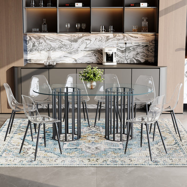 English Elm Table and Chair Set Oval Glass Top Seats 8 with Ghost Chairs Luxury Modern Dining W1151S04762