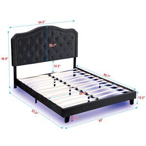English Elm Upholstered Diamond Button Tufted Platform Bed with Velvet, LED Ambient Lighting, Sturdy Slats Black 65.75 L x 34.43 W x 4.72 H W2297P268385
