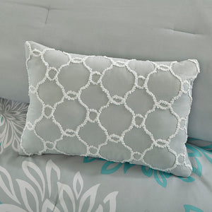 JLA Home Madison Park Essentials - 7 Piece Comforter Set with breathable cotton sheets, floral aqua-grey microfiber comforter, antimicrobial protection for long-lasting freshness and easy machine care 86 L x 68 W x 1.5H MPE10-727