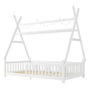 English Elm Twin Montessori Floor Bed House Frame with Led Lighting and Safety Rails for Kids White W2593P440571