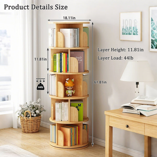 English Elm 5 Tier Rotating Bookshelf Tower with Curved Edges, 360° Smooth Spin, Stable Double-Layer Base, Space-Saving Storage Wood W3204P293742