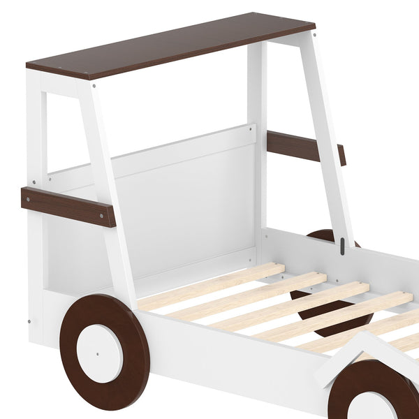 English Elm Twin Pine Treehouse Floor Bed with Padded Rails and Cabin Roofline for Kids Brown,Light White W1580S00471