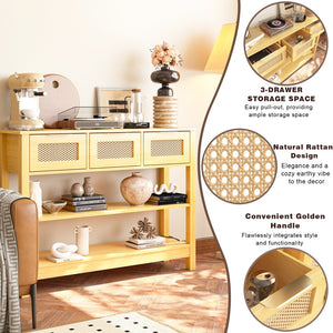 English Elm 43.3" Farmhouse Console Table Rattan Drawer Fronts Open Shelving Entryway Storage Natural Wood T3210P426416