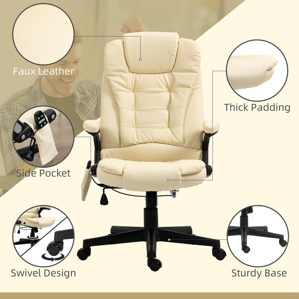 English Elm Homcom High Back Massage Office Chair With Vibration & Heat, Ergonomic Design, Beige Pu Leather W2225P217505