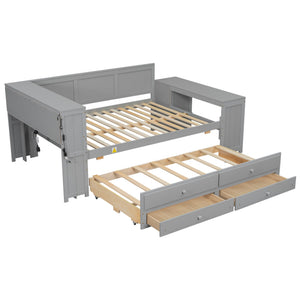 English Elm Full Size Pine Wood Platform Daybed with Led Headboard Desk Storage and Charging Gray N7090000475E-1